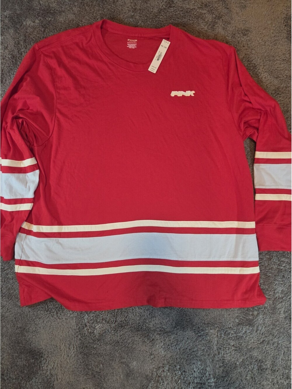 NWT Victoria’s Secret PINK XXL Red Varsity Stripe Long Sleeve Jersey Shirt